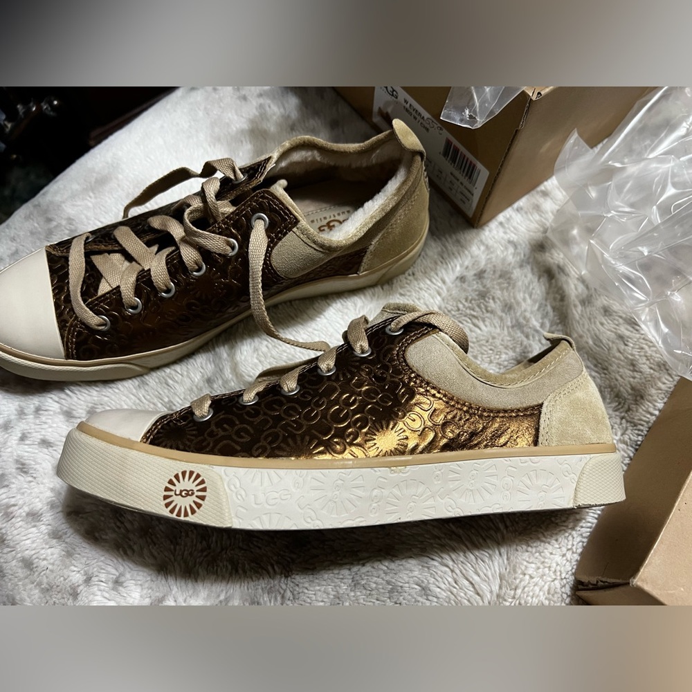 UGG Australia Women Evera Sneaker Shoes Metallic Lace Up Suede & Sheepskin Lined